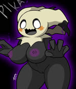 anthro anthrofied big_breasts black_body bouncing_breasts breasts female genitals navel nipple_dip nipples open_mouth purple_nipples pussy simple_background smile solo wide_hips pinkanimations tonytoran nintendo pokemon generation_7_pokemon mimikyu pokemon_(species) 2d_animation animated hi_res motion_tweening no_sound short_playtime webm