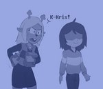 anthro book bottomwear buckteeth checkered checkered_clothing clothing deer deltarune dialogue duo female hidden_eyes hitsuji holding_object human kris_(deltarune) male mammal monochrome noelle_holiday pattern_clothing skirt smile striped_clothing stripes sweater tail tail_motion tailwag teeth text topwear undertale_(series)