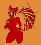 abstract_background anthro bedroom_eyes blood bodily_fluids claws curvy_figure female flat_chested fur markings narrowed_eyes navel nude red_body red_fur seductive smile solo spikes spiral_eyes striped_markings striped_tail stripes tail tail_markings teeth axentooth sabrina_(axentooth) canid canine fox mammal hi_res