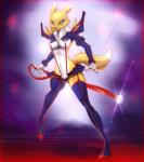 2014 anthro armor bandai_namco belly black_sclera blue_eyes breasts camel_toe canid canine claws cleavage clothed clothing cosplay digimon digimon_(species) digital_media_(artwork) dipstick_tail female fur glowing glowing_eyes hi_res kamui_(kill_la_kill) kill_la_kill looking_at_viewer mammal markings medium_breasts melee_weapon multicolored_body multicolored_fur multicolored_tail renamon scissor_blade_(kill_la_kill) senketsu shaded skimpy solo studio_trigger sword tail tail_markings two_tone_body two_tone_fur two_tone_tail vexxy weapon white_belly white_body white_fur white_tail yellow_body yellow_fur yellow_tail