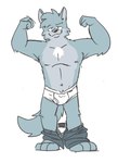 anthro barefoot bottomwear briefs canid canine canis clothed clothing feet flexing_muscles fur grey_body grey_bottomwear grey_clothing grey_fur grey_pants half-closed_eyes heyitscousindave hi_res male mammal muscular muscular_male narrowed_eyes pants simple_background smile solo teeth_showing tighty_whities topless underwear white_background white_body white_briefs white_clothing white_fur white_underwear wolf