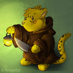 anthro clothing green_background knife lamp lantern male simple_background solo mytigertail cheetah felid feline mammal 1:1 2014