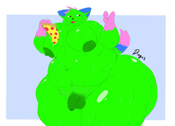 anthro balls big_butt black_nose blue_ears butt claws dipstick_tail fangs flaccid food fur genitals gesture gloves_(marking) green_body green_fur hand_gesture holding_food holding_object holding_pizza huge_butt huge_thighs hyper hyper_thighs male markings moobs overweight overweight_anthro overweight_male penis pink_markings pizza small_penis solo sparklefur tail tail_markings teeth thick_thighs tongue tongue_out v_sign white_claws b4dhaj don't_touch_my_pizza_(meme) nyanwolf kevin_(nyanwolf) domestic_cat felid feline felis mammal 2025 english_description hi_res