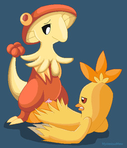 alternate_color cowgirl_position duo female feral from_front_position fungus genitals male male/female nude on_bottom on_top penis sex smile straddling tail vaginal vulva mysterious_mew nintendo pokemon breloom combusken elemental_creature fungi_fauna generation_3_pokemon pokemon_(species) shiny_pokemon