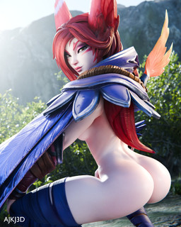 animal_ears big_butt big_ears breasts brown_eyes butt crouching eyelashes eyeshadow female fur hair lipstick long_hair looking_at_viewer makeup mostly_nude pink_eyeshadow pink_lipstick red_body red_fur red_hair solo tan_body tan_skin thick_thighs wide_hips ajkj league_of_legends riot_games tencent xayah_(lol) humanoid vastaya 3d_(artwork) 4:5 digital_media_(artwork) hi_res