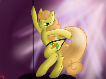 blonde_hair clothing cutie_mark dancing female feral fur green_eyes hair panties pole pole_dancing smile solo tail underwear yellow_body yellow_fur geeflakes friendship_is_magic hasbro my_little_pony carrot_top_(mlp) earth_pony equid equine horse mammal pony 2012 digital_media_(artwork)