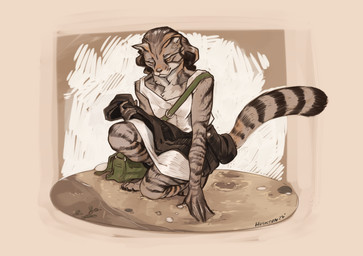 5_fingers anthro beach brown_stripes clothed clothing countershading dress feet female fingers fully_clothed fur hair hindpaw humanoid_hands kneeling long_hair looking_down magic_user no_sclera on_one_knee paws sand solo striped_body striped_fur stripes tan_body tan_fur tan_hair water white_body white_countershading witch yellow_eyes heskynn european_wildcat felid feline felis mammal wildcat hi_res restricted_palette