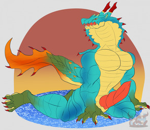 4_fingers 4_toes animal_genitalia anthro barazoku belly biceps big_penis blue_body claws fangs feet fingers genital_slit genitals green_feet green_hands horn kneeling looking_at_viewer male medial_ring multicolored_body muscular muscular_anthro muscular_male no_pupils open_mouth pecs penis red_claws red_eyes scales simple_background solo spiked_tail spikes spikes_(anatomy) sunset tail tan_belly tan_chest tapering_penis teeth toe_claws toes tongue triceps water yellow_sclera daikuhiroshiama capcom monster_hunter lagiacrus leviathan_(mh) 2025 hi_res