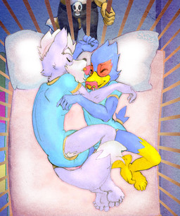 5_fingers ageplay anthro biped blue_body blue_feathers blue_onesie clothed clothing crib cuddling diaper diaper_under_clothing diaper_under_onesie dipstick_tail duo_focus feathers fingers fur grey_body grey_fur group in_crib infantilism male markings multicolored_body multicolored_fur object_in_mouth onesie pacifier pacifier_in_mouth pillow red_body red_feathers roleplay sleeping tail tail_markings trio two_tone_body two_tone_fur two_tone_tail wearing_diaper white_body white_fur zuago nintendo star_fox falco_lombardi fox_mccloud wolf_o'donnell avian bird canid canine canis fox mammal wolf 2015 digital_media_(artwork) hi_res