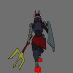 anthro armor fighters gladiator glowing glowing_eyes male melee_weapon neck_tuft pauldron polearm prosthetic prosthetic_arm prosthetic_limb red_eyes shield solo trident tuft warrior weapon worldbuilding biohound 1:1 absurd_res full-length_portrait hi_res portrait