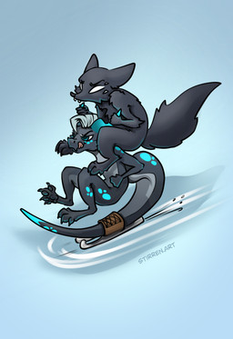 6_eyes anthro claws clothing duo empty_eyes fangs female footwear horn horn_grab ice ice_skates ice_skating long_tail male male/female markings mohawk multi_eye paws spots spotted_body tail teeth tongue tongue_out stirren stirren_(stirren) woon_(sixeyedfox) canid canine fox kobold mammal scalie hi_res