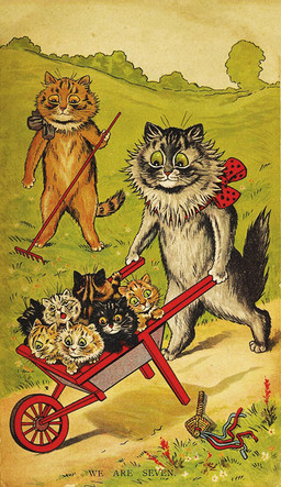 age_difference ambiguous_gender anthro biped black_body black_fur brown_body brown_fur day digitigrade featureless_crotch feral flower fluffy fur grass green_eyes grey_body grey_fur group holding_object holding_tool neck_tuft nude open_mouth orange_body orange_fur outside plant pupils rake red_nose ribbons semi-anthro size_difference sky slit_pupils standing tan_body tan_fur text tools tuft walking wheelbarrow whiskers yellow_eyes young young_ambiguous young_feral louis_wain license_info public_domain domestic_cat felid feline felis mammal ancient_art english_text hi_res traditional_media_(artwork)