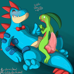 3_toes ambiguous_gender animal_genitalia anthro anus blush bodily_fluids bow_(feature) bow_tie claws clothing dominant duo erection eyes_closed feet genital_fluids genital_slit genitals gesture grin hand_gesture hot_dogging imminent_rape imminent_sex intimidation it'll_never_fit knot larger_dom leaf leaking lying male male/ambiguous nude open_mouth orientation_play penis precum scales semi-anthro sex shy simple_background sitting size_difference smile surprised teeth text thumbs_up toes asbiearts conditional_dnp nintendo pokemon nogard feraligatr generation_2_pokemon generation_3_pokemon grovyle pokemon_(species) 1:1 2017 aliasing digital_media_(artwork) english_text hi_res