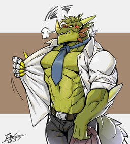 5_fingers accessory angry anthro arm_spikes belt black_bottomwear black_clothing black_pants blue_necktie bottomwear clenched_teeth clothed clothing clothing_pull cloud_emanata cross-popping_vein elbow_spikes emanata facial_spikes fingers flesh_fang green_body green_hair green_horn green_scales hair holding_clothing holding_object horn jaw_spikes male muscular muscular_anthro muscular_male necktie open_clothing open_shirt open_topwear orange_spikes pants pecs scales shirt shirt_pull solo spikes spikes_(anatomy) tail teeth topwear topwear_pull unbuttoned_shirt white_clothing white_shirt white_topwear yellow_sclera fansl mythology crever_(fansl) dragon mythological_creature mythological_scalie scalie wingless_dragon 2020 dated hi_res signature