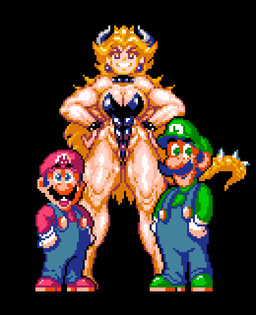 abs alternate_species big_breasts black_background blonde_hair blue_eyes bracelet breasts camel_toe cleavage clothed clothing collar crossgender crown facial_hair female green_eyes group hair hands_on_hips headgear horn jewelry leotard long_hair looking_at_viewer male muscular muscular_female mustache simple_background spiked_bracelet spiked_collar spikes super_crown tail thick_thighs trio saiwai_hiroshi bowsette_meme mario_bros nintendo super_mario_world bowser luigi mario animal_humanoid human humanoid koopa mammal scalie digital_media_(artwork) meme pixel_(artwork)