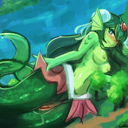 blush bodily_fluids breasts female genital_fluids genitals hair long_hair macro monster_girl_(genre) nipples seductive solo split_form suggestive vaginal_fluids vulva lumineko shantae:_half-genie_hero shantae_(series) wayforward giga_mermaid animal_humanoid aquatic aquatic_humanoid fish fish_humanoid humanoid merfolk 1:1