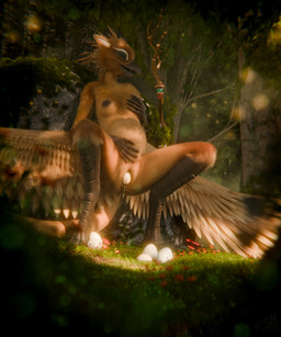 abdominal_bulge ambiguous_slit anthro beak bodily_fluids breasts crouching digitigrade egg egg_from_cloaca eyes_closed feathered_wings feathers female forest genital_fluids genitals hand_on_belly holding_breast nipples non-mammal_breasts non-mammal_nipples nude nude_female open_beak open_mouth oviposition plant solo tree vaginal_fluids vulva wings fsa avian bird 3d_(artwork) 5:6 blender_(artwork) blender_cycles_(artwork) digital_media_(artwork) hi_res