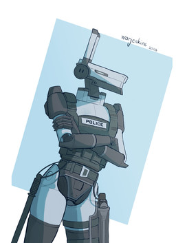 armor baton belt bulletproof_vest clothing female gun handgun looking_away machine pistol pistol_holster police police_officer ranged_weapon simple_background solo standing topwear vest weapon white_body warjenkins humanoid robot robot_humanoid 2025 absurd_res colored digital_media_(artwork) hi_res signature