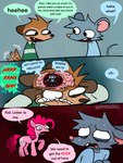 3_panel_comic bodily_fluids brain brown_hair cheek_tuft clenched_teeth clothing cutie_mark dialogue facial_tuft feral fur greeting grey_body grey_fur group hair half-closed_eyes humor narrowed_eyes nervous open_mouth open_smile organs pink_body pink_fur pink_hair pink_skin profanity sharp_teeth shirt smile speech_bubble surrealism sweat sweatdrop t-shirt tail tail_motion tailwag tan_body tan_fur teeth text topwear trio tuft tulpa happyroadkill friendship_is_magic hasbro my_little_pony milo_mouse pinkie_pie_(mlp) equid equine horse mammal pony 3:4 comic english_text hi_res