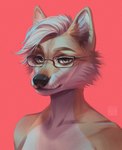 anthro black_nose cheek_tuft eyewear facial_tuft female fur glasses hair looking_at_viewer mouth_closed narrowed_eyes nude rectangular_glasses red_background short_hair simple_background solo tan_body tan_eyes tan_fur tuft white_body white_fur white_hair marie_merkh ivka canid canine fox mammal artist_name bust_portrait hi_res portrait