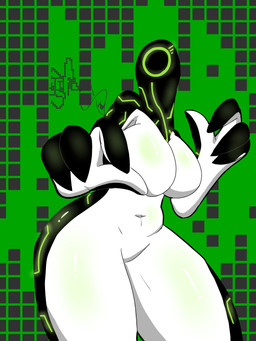 belly big_breasts black_body breasts featureless_breasts featureless_crotch female neon neon_lights not_furry solo thick_thighs foxchen ben_10 cartoon_network upgrade_(ben_10) alien alien_humanoid galvanic_mechamorph humanoid 3:4 hi_res
