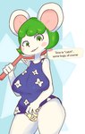 anthro big_breasts breasts clothed clothing female floral_print looking_at_viewer panties panty_shot pattern_clothing pattern_underwear smile solo text underwear gikowinko animal_crossing nintendo bree_(animal_crossing) mammal mouse murid murine rodent english_text