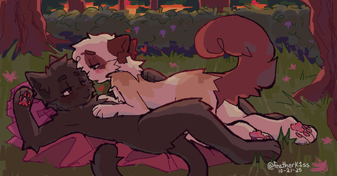 anthro anthro_on_anthro blush chest_tuft detailed_background duo fluffy fluffy_tail grass heart_symbol love loving_gaze male male/male nude_anthro outside pawpads plant romantic romantic_ambiance romantic_couple shrub tail tree tuft gaypassionfruit cupid_(gaypassionfruit) zyye domestic_cat felid feline felis mammal 2025