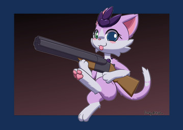 anthro blush countershading digitigrade female fur gun heart_(marking) heterochromia holding_object holding_weapon markings pawpads paws pink_body pink_fur pose raised_leg ranged_weapon shotgun solo tongue tongue_out weapon white_body white_countershading feeshyartist miu_(feeshyartist) felid feline mammal philikkahn alpha_channel hi_res
