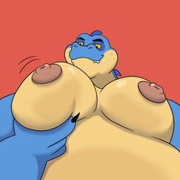 anthro areola big_moobs black_claws black_eyes blue_body blue_nose blue_scales brown_nipples claws freckled_face freckles front_view half-closed_eyes hand_on_moob hand_on_own_moob looking_at_self low-angle_view male moobs motion_lines multicolored_body multicolored_scales narrowed_eyes nipple_dip nipples non-mammal_nipples obese obese_anthro obese_male overweight overweight_anthro overweight_male scales smile solo standing teeth two_tone_body two_tone_scales yellow_body yellow_scales yellow_sclera colossalstars mythology arnold_(koenics) dinosaur prehistoric_species reptile scalie 1:1 2026 digital_media_(artwork) hi_res