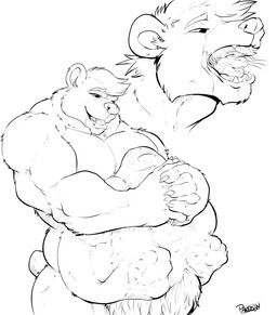 almost_fully_inside anthro belly body_outline claws duo feet feet_first feet_outline fur hair male male/male musclegut muscular nude nude_male oral_vore simple_background tail teeth vore whiskers pandottermon bear mammal mustelid otter 2024 black_and_white dated hi_res monochrome signature