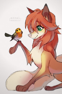 ambiguous_gender beak brown_markings dipstick_tail duo eyelashes feathered_wings feathers female feral feral_with_hair fur green_eyes hair holding_another inner_ear_fluff long_eyelashes long_hair looking_at_another markings nude orange_hair simple_background smile smiling_at_viewer snout tail tail_markings tan_body tan_fur teeth tuft white_background white_nose wings yellow_body yellow_fur azzai avian bird canid canine fox mammal 2021 colored colored_sketch digital_drawing_(artwork) digital_media_(artwork) shaded sketch