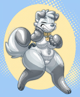 anthro breasts collar featureless_breasts featureless_crotch female grey_body handles_on_hips inflatable nozzle nozzle_on_belly permanent_smile seam_(sewing) simple_background solo standing tail dascarl animate_inanimate canid canine canis domestic_dog living_inflatable living_pool_toy mammal 2024 digital_media_(artwork) hi_res