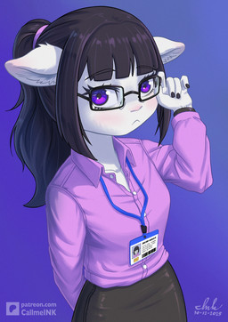 anthro breasts dark_hair eyewear female fur glasses long_sleeve_shirt name_tag office_lady purple_eyes slim small_breasts solo white_body white_fur call_me_ink tala_taylor bovid caprine goat mammal absurd_res hi_res