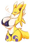 anthro bandai_namco big_breasts bikini bikini_bottom bikini_top breasts canid clothing digimon digimon_(species) female fur hi_res huge_breasts leg_tattoo mammal neck_tuft open_mouth renamon solo stretching swimwear tail tattoo tuft two-piece_swimsuit yawn yellow_body yellow_fur zymaani