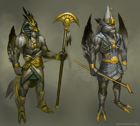 anthro blonde_highlights blue_clothing bottomwear bracelet claw_covers claws clothed clothing duo egyptian egyptian_clothing egyptian_headdress feather_hair feather_ornament feathered_tail feathers feet fist gold_(metal) gold_beak gold_boots gold_bracelet gold_jewelry golden_clothing hair hat headgear headwear highlights_(coloring) holding_object holding_staff jewelry long_hair necklace pseudo_hair silver_clothing skirt staff tail talons text toe_claws toes topless topwear vest winged_arms wings kelly_aleshire accipitrid accipitriform animal_humanoid avian avian_humanoid bird falcon falconid humanoid hybrid owl 2011 artist_name