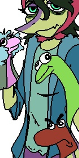 ambiguous_gender anthro blue_eyes clothed clothing green_body green_eyes hair headgear headwear horn looking_at_viewer multicolored_body puppet simple_background solo tired_eyes two_tone_body white_background unknown_artist cavemanon_studios snoot_game schizo_chan_(snoot_game) compsognathid compsognathus dinosaur prehistoric_species reptile scalie theropod low_res
