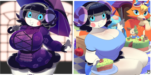 accessory anthro big_breasts black_hair blonde_hair blue_bottomwear blue_clothing blue_dress blue_eyes blue_skirt blue_topwear border bottomwear breasts cake cleavage clothed clothing curved_horn dessert dress duo eyelashes eyeshadow eyewear eyewear_on_head female food front_view fur gloves_(marking) hair hair_accessory hairband head_tuft holding_cake holding_food holding_object holding_parasol horn huge_breasts kneeling leg_markings lying makeup markings on_front orange_body orange_fur parasol plate purple_clothing purple_dress purple_horn rosy_cheeks skirt smile socks_(marking) striped_horn stripes sunglasses sunglasses_on_head tan_body tan_fur thick_thighs topwear tuft white_body white_border white_fur wide_hips yellow_eyeshadow aerth animal_crossing nintendo pokemon audie_(animal_crossing) malon_(gammainks) muffy_(animal_crossing) bovid canid canine canis caprine eeveelution generation_4_pokemon leafeon mammal pokemon_(species) sheep wolf absurd_res hi_res