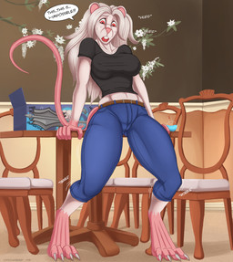 after_transformation anthro barefoot big_breasts biped bodily_fluids bottomwear box breasts camel_toe chair clothing container denim denim_bottomwear denim_clothing detailed_background dialogue digitigrade feet female furniture growth hair inside jeans long_hair mace melee_weapon nipple_outline open_mouth pants potion red_eyes shirt shocked solo standing surprised sweat sweatdrop text topwear transformation_potion verbal_reaction_to_tf weapon white_hair catchabird dungeons_and_dragons hasbro wizards_of_the_coast stajan mammal mouse murid murine rodent 2019 english_text hi_res