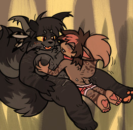 abstract_background accessory adolescent adult_on_adolescent adult_on_young age_difference anthro bangs blush bodily_fluids bottomwear bottomwear_down breast_grab breast_squeeze breasts brown_body brown_fur butt cheek_tuft circle_eyebrows clothed clothing duo ear_tuft eyebrows eyes_closed facial_tuft feather_in_hair feathers female fluffy fluffy_tail fur genital_fluids hair hair_accessory hand_on_breast highlights_(coloring) larger_penetrated leg_scar looking_at_another looking_at_partner loose_feather lying lying_on_partner male male/female markings nipples obscured_penetration older_anthro older_female older_female_younger_male older_penetrated orange_pawpads orange_pupils partially_clothed pawpads paws penetration pink_pawpads pupils raised_tail scar self-harm_scars shorts shorts_down shoulder_scar size_difference smile squeezing striped_body striped_fur striped_markings striped_tail stripes sweat sweatdrop tail tail_markings teeth thigh_scar tongue tongue_out tuft vaginal_fluids yellow_eyes yellow_sclera young young_anthro young_male younger_male clownstongue dakota_(azhfurr) kestrel_(wastepaw) canid canine canis domestic_cat domestic_dog felid feline felis mammal 2026 digital_drawing_(artwork) digital_media_(artwork) hi_res trans_(lore) trans_man_(lore)