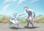 absurd_res anthro barefoot beastars black_nose blue_body blue_fur bottomwear brick_floor canid canine canis clothed clothing dancing detailed_background dress duo equid equine eye_contact feet female flower friendship_is_magic fur grey_body grey_eyes grey_fur hair hand_holding hasbro hi_res horse looking_at_another male male/female mammal multicolored_body multicolored_fur multicolored_hair multicolored_tail my_little_pony mythological_creature mythological_equine mythology necktie nononge pants pegasus plant pony purple_eyes rainbow_dash_(mlp) rainbow_hair rainbow_tail school_uniform shirt size_difference tail topwear two_tone_body two_tone_fur unguligrade_anthro uniform vest wings wolf