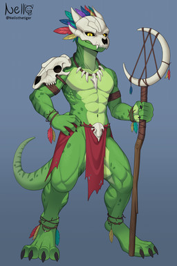 blue_background bone bone_mask bottomwear clothing feathers green_body lean_body lean_muscle loincloth male mask simple_background skull skull_mask solo staff tail yellow_eyes nello_the_tiger terraria witch_doctor_(terraria) lihzahrd lizard reptile scalie 2:3 absurd_res hi_res