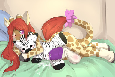 accessory animal_genitalia anthro balls big_balls big_penis biped blush bodily_fluids bow_(feature) bow_accessory bow_ribbon cum erection femboy furgonomics genital_fluids genitals hair hooves hyper long_hair long_tail lying male nude on_side one_eye_closed open_mouth penis plushie plushophilia purple_eyes red_hair ribbons sheath shota solo tail tail_accessory tail_bow tail_ribbon young young_anthro young_male aoizuri ashley_(codyfox) giraffe giraffid mammal 3:2 hi_res