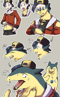 ambiguous_gender backwards_hat bodily_fluids clothing drooling duo ear_expansion ears_back expansion fangs feral fur fur_growth green_body green_fur grey_background grey_eyes growth hat headgear headwear human_to_feral interrobang looking_at_another looking_at_self male open_mouth pivoted_ears pokemon_speak saliva shirt simple_background snout snout_growth species_transformation surprised sweat tan_body tan_fur tears teeth text topwear torn_clothing torn_shirt torn_topwear transformation transformation_sequence tyogebou nintendo pokemon ethan_(pokemon) generation_2_pokemon human mammal pokemon_(species) typhlosion absurd_res hi_res japanese_text partially_translated shaded translation_request