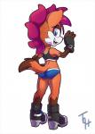 anthro blue_eyes bottomwear clothing digital_media_(artwork) domestic_ferret eyelashes fan_character female footwear fur gloves greeting hair handwear looking_at_viewer looking_back mammal mustelid musteline open_mouth orange_body orange_fur purple_hair sega shirt shoes shorts simple_background smile solo sonic_the_hedgehog_(series) tambre_the_ferret tank_top the_other_half topwear true_musteline weasel