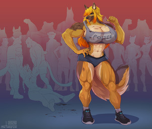 abs anthro big_breasts biped blue_eyes bottomwear breasts claws clothed clothed_anthro clothed_female clothed_male clothing female fingers footwear fully_clothed fully_clothed_anthro fully_clothed_female fully_clothed_male fur group hair male muscular muscular_female navel orange_hair shoes smile socks tail teeth tongue topwear stoopix trinity_oreskovich canid canine canis domestic_dog mammal 2026 digital_drawing_(artwork) digital_media_(artwork) hi_res