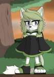 black_clothing blurred_background clothing detailed_background female fluffy fluffy_tail fur grass green_body green_clothing green_fur green_hair hair multicolored_eyes plant public solo sunset tail tree white_body white_fur darknetic sega sonic_the_hedgehog_(series) daisy_kitsune_(erdbeerjoghurt) felid feline mammal absurd_res digital_media_(artwork) hi_res shaded