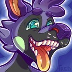 ambiguous_gender anthro cheek_tuft facial_tuft fur green_eyes grey_body grey_fur hair open_mouth purple_hair purple_nose tongue tuft yellow_inner_ear yellow_tongue freddymartin canid canine mammal 1:1 2023 digital_media_(artwork) headshot_portrait icon portrait