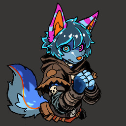 ambiguous_gender anthro armor big_ear blue_body blue_fur cloak clothing ear_pattern fur gauntlets gloves goo_hair hair handwear heterochromia leather leather_clothing looking_at_viewer orange_inner_ear orange_nose pseudo_hair scared simple_background sketchy solo standing tail tide_wolfia darkest_dungeon tide_wolfia_(character) canid canine canis mammal wolf 1:1 half-length_portrait portrait