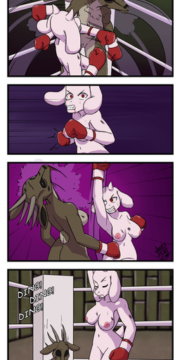 anthro black_sclera blood bodily_fluids boxing boxing_gloves boxing_gloves_only bruised butt casual_nudity clothing dark_nipples duo emanata female fight fighting_ring genitals handwear handwear_only impact_lines knockout mature_female mostly_nude mostly_nude_anthro mostly_nude_female multicolored_body nude punch red_eyes ringing_bell sport two_tone_body vulva white_body deathzera spooky's_jump_scare_mansion undertale undertale_(series) specimen_8 toriel boss_monster_(undertale) mammal 2020 absurd_res comic digital_media_(artwork) hi_res