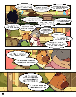 anthro brown_body brown_fur city clothed clothing detailed_background dialogue duo eyewear fur glasses green_clothing green_shirt green_topwear grey_body male outside overweight overweight_anthro overweight_male shirt smile speech_bubble text topwear white_clothing white_shirt white_topwear conditional_dnp mabit gabe_(mabit) manny_(mabit) capybara caviid common_hippopotamus hippopotamid mammal rodent 2026 comic digital_media_(artwork) english_text hi_res pixel_(artwork)
